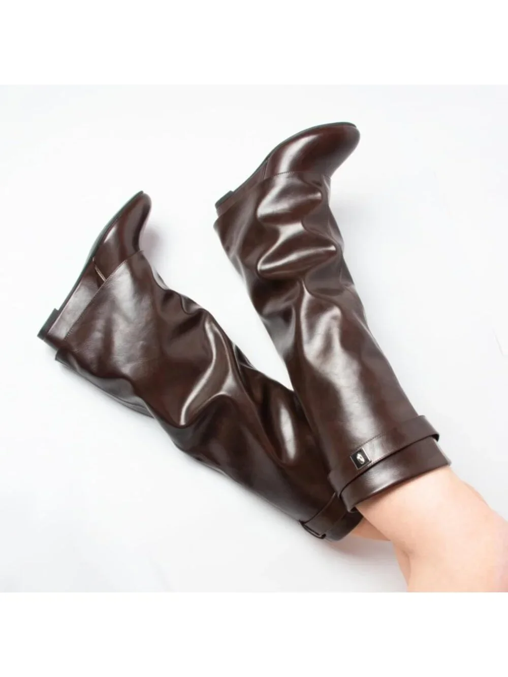 Women's Brown Pointed Toe Wedge Heel Comfortable Fold Over Knee High Shark Boots
